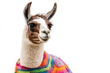 Fototapeta premium Playful llama in colorful vest poses elegantly against a minimalist white background isolated