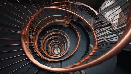 Fototapeta premium Spiral staircase with copper railings in modern architecture design