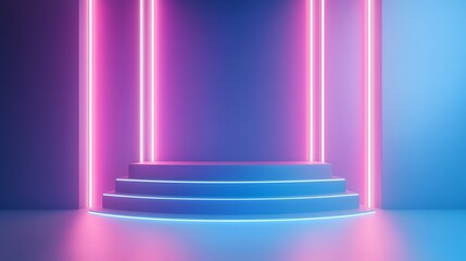 Obraz premium product display podium with neon lights and blue background