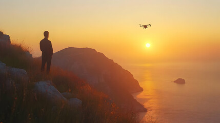 Fototapeta premium Silhouette of a Person Watching a Drone Fly at Sunset Over the Ocean - Realistic Image