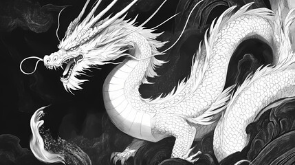 Obraz premium Eastern white dragon. Horned Guardian Beast. Illustration