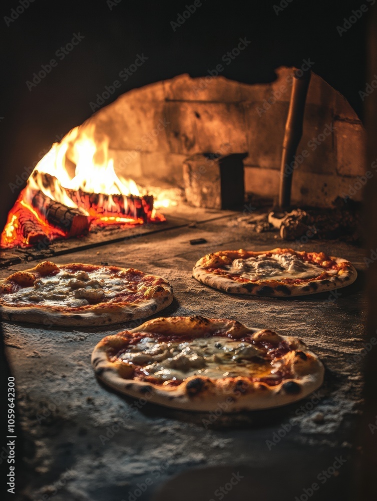 Aufkleber freshly made pizzas are baking in a wood-fired oven, surrounded by lively flames, creating a warm an