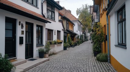 Fototapeta premium Picturesque narrow cobblestone street lined with colorful residential houses and plants