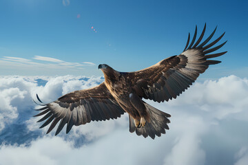 Fototapeta premium A majestic golden eagle soaring gracefully above the clouds, showcasing its impressive wingspan against a brilliant blue sky.