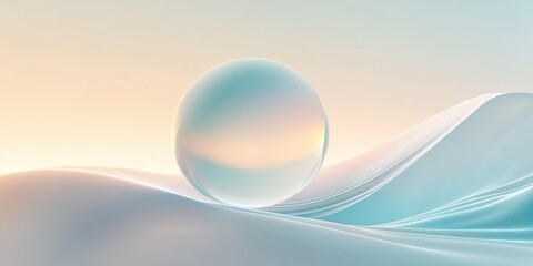 Minimalist glass sphere on soft pastel wave-like background, creating a serene atmosphere with ample copy space

