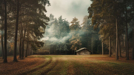 Obraz premium A tranquil scene featuring a rustic wooden cabin nestled among tall trees in a misty forest during autumn, with colorful leaves blanketing the ground.