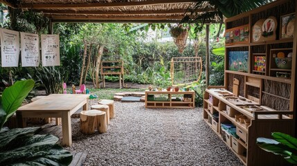 Obraz premium A natural outdoor classroom with wooden tables, chairs, and play structures for children.
