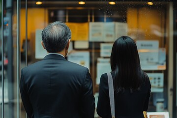 Fototapeta premium Rear view of a middle-aged Asian couple, man in suit, woman in dress, standing outside a real estate agency on a rainy day, viewing property listings, reflections in glass, medium close-up 1