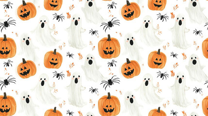 Fototapeta premium Whimsical Halloween seamless pattern featuring hand painted ghosts playful pumpkins and charming spiders ideal for children s fabric and creative projects