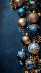 Decorative Christmas scene with hanging ornaments on a deep navy background, with soft lighting creating a calm ambiance. Suitable for holiday greetings or festive announcements.