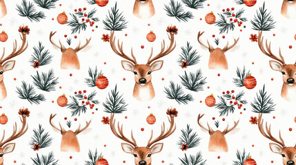 Seamless watercolor pattern of festive Christmas deer adorned with ornaments on a white background