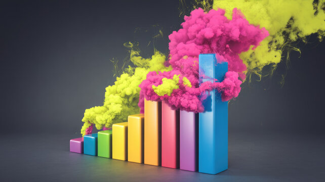 A vibrant, colorful bar graph representing growth, with vivid pink and yellow smoke emerging from the bars, creating an energetic and dynamic visual effect.