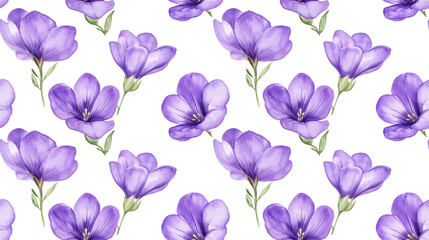 Fototapeta premium Violet freesia flower seamless pattern in watercolor with hand drawn full bloom elements on a white background
