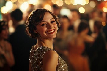 A young flapper woman in a beaded dress, dancing joyfully in a crowded 1920s speakeasy, lively mood, evening lighting, focus on her smile, medium close-up 4