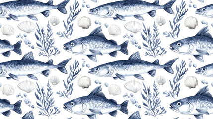 Seamless watercolor and ink pattern of marine life featuring fish shells and seaweed ideal for aquarium decor and resort branding cosmetics design