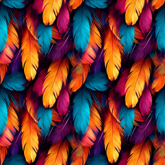 Fototapeta premium Tropical bird feathers, vibrant colors, nature-inspired, exotic mood, detailed and colorful. Background, seamless pattern