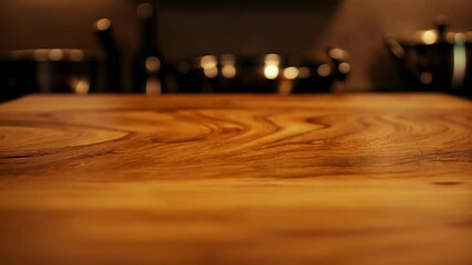 A close-up of a dimly lit wooden dining table with soft ambient lighting creating a moody atmosphere. video - Powered by Adobe