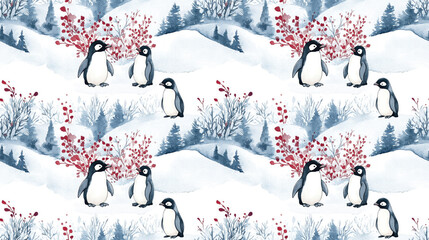 Watercolor illustration of playful penguins amid a winter landscape seamless pattern design ideal for card making festive seasonal decorations