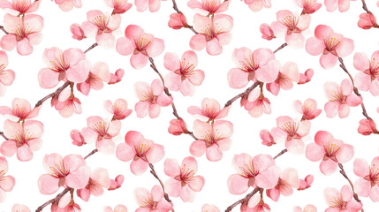Watercolor seamless pattern featuring delicate pink almond blossoms on a crisp white backdrop ideal for fabrics wrapping paper and postcards