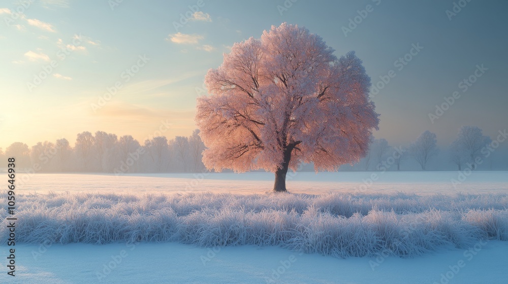 Poster a large, frosted tree stands alone in a snow-covered field, illuminated by soft morning light. the p