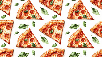 Seamless watercolor pattern of hand drawn Italian pizza slices on a white background perfect for fabric or wallpaper design