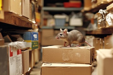 Fototapeta premium A rat darting between boxes in a cluttered storage room, illustrating its agility and the importance of pest management in homes 1