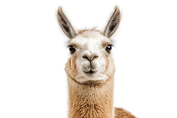 Fototapeta premium Serene llama portrait a full body image of a soft furred brown and white llama on white background isolated