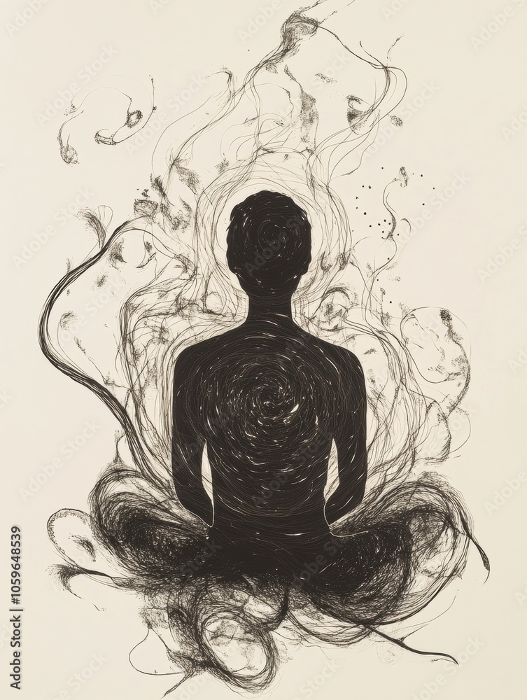 Aufkleber the silhouette of a person sits in meditation, surrounded by abstract swirling patterns symbolizing 