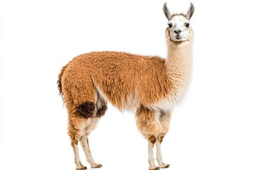 Obraz premium Calm llama portrait with soft brown and white fur on a white background in minimalistic style isolated