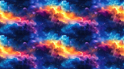 Obraz premium Watercolor galaxy seamless pattern featuring vibrant colors and celestial motifs perfect for fabric design and wallpaper decoration