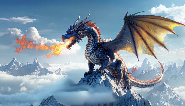 A majestic dragon breathing fire atop a mountain, surrounded by clouds and a scenic landscape.