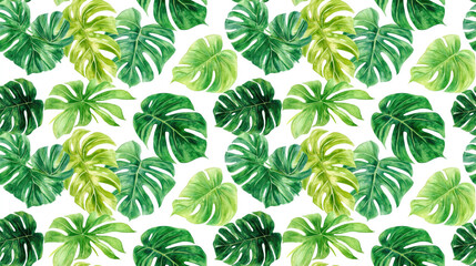 Seamless tropical foliage pattern featuring watercolor Monstera leaves and jungle plants on a white background ideal for fabric or wallpaper design