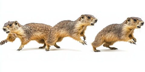 Fototapeta premium Energetic portrait of three marmots in motion with excited expressions on a white background isolated