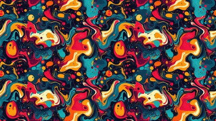 Naklejka premium Colorful abstract painting seamless pattern featuring vibrant fluid marbling textures and intricate swirls perfect for fabric design and artistic projects