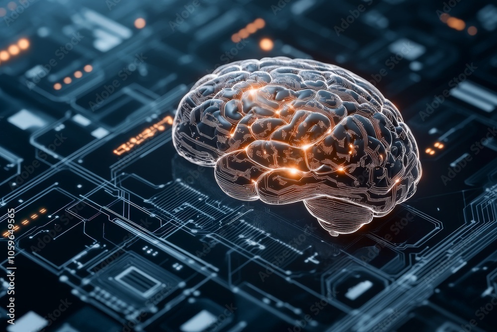 Poster an intricate visual of a digital brain sitting on a high-tech background, representing the synthesis