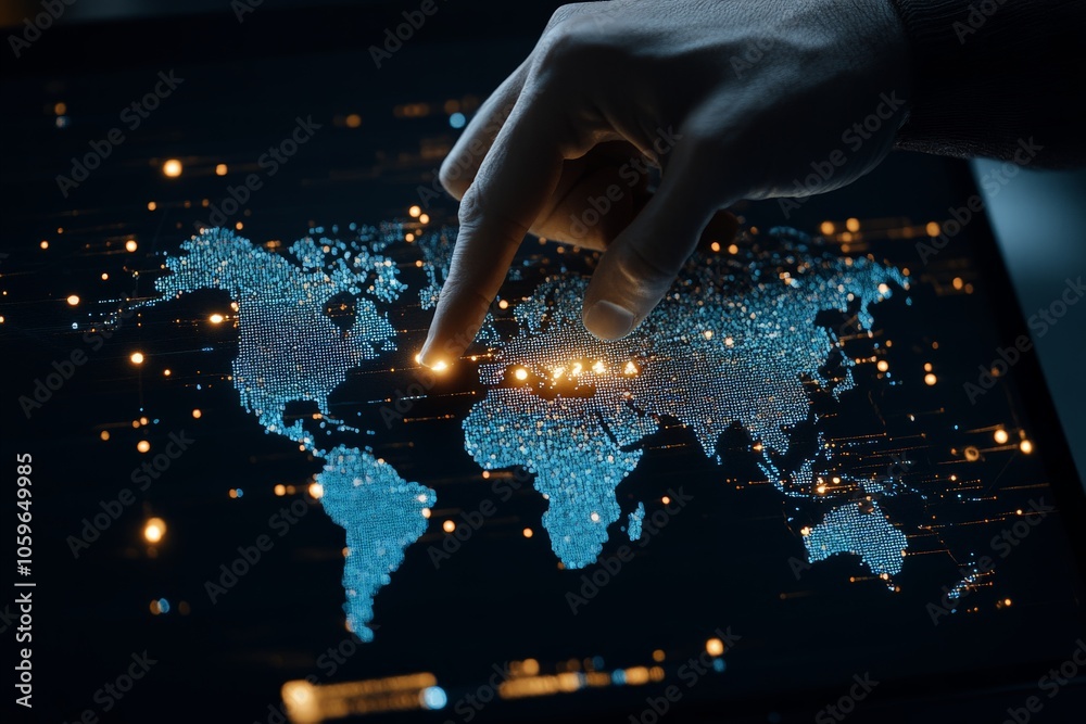 Poster an interactive digital display of a world map with a hand selecting points, representing the concept
