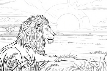 Obraz premium A majestic lion in profile, resting on the grass as the sun sets over the African savannah, creating a tranquil atmosphere.