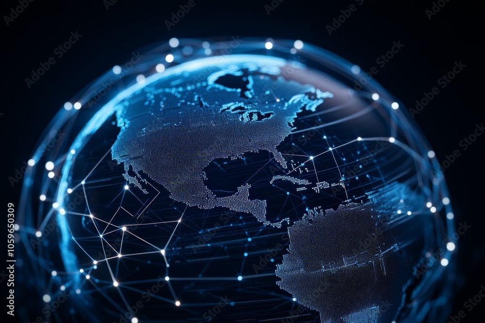 Poster a globe adorned with a digital mesh and interconnected points depicts the complexity and intricacies