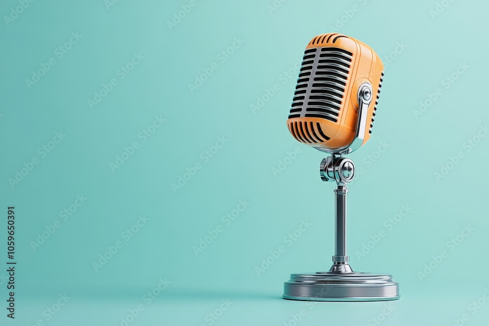 Wall mural an orange retro microphone mounted on a polished chrome stand, set against a light blue backdrop, ep