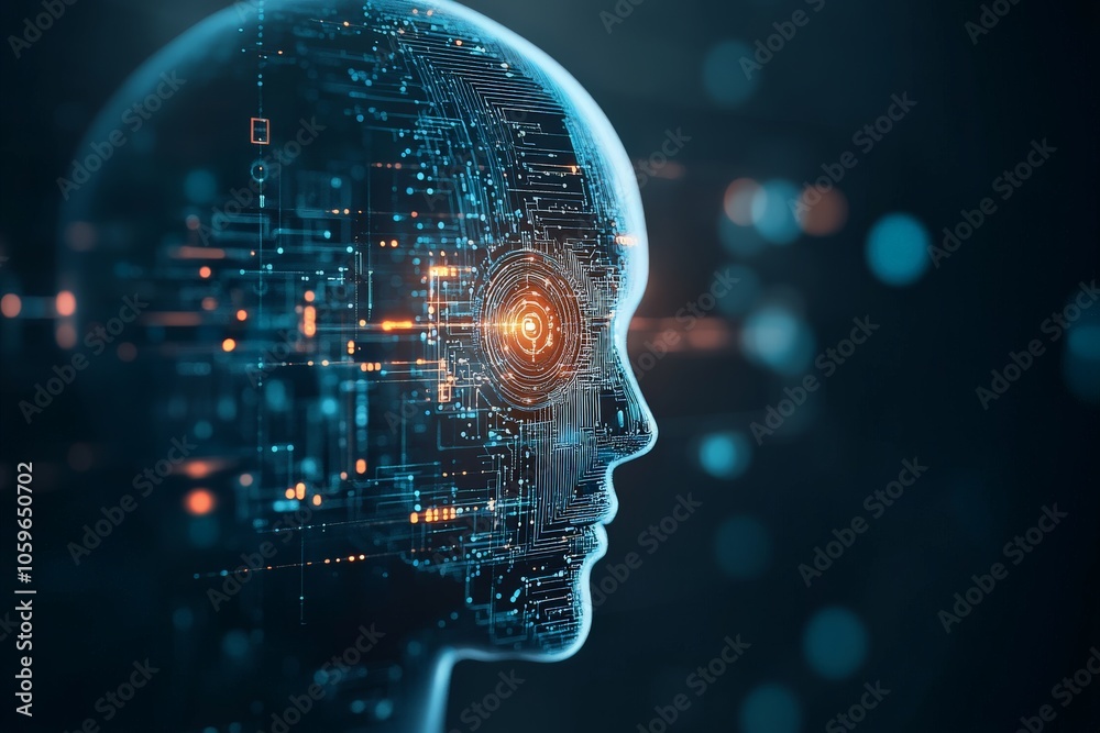 Poster a translucent robotic head displays intricate digital networks and abstract data patterns, illustrat