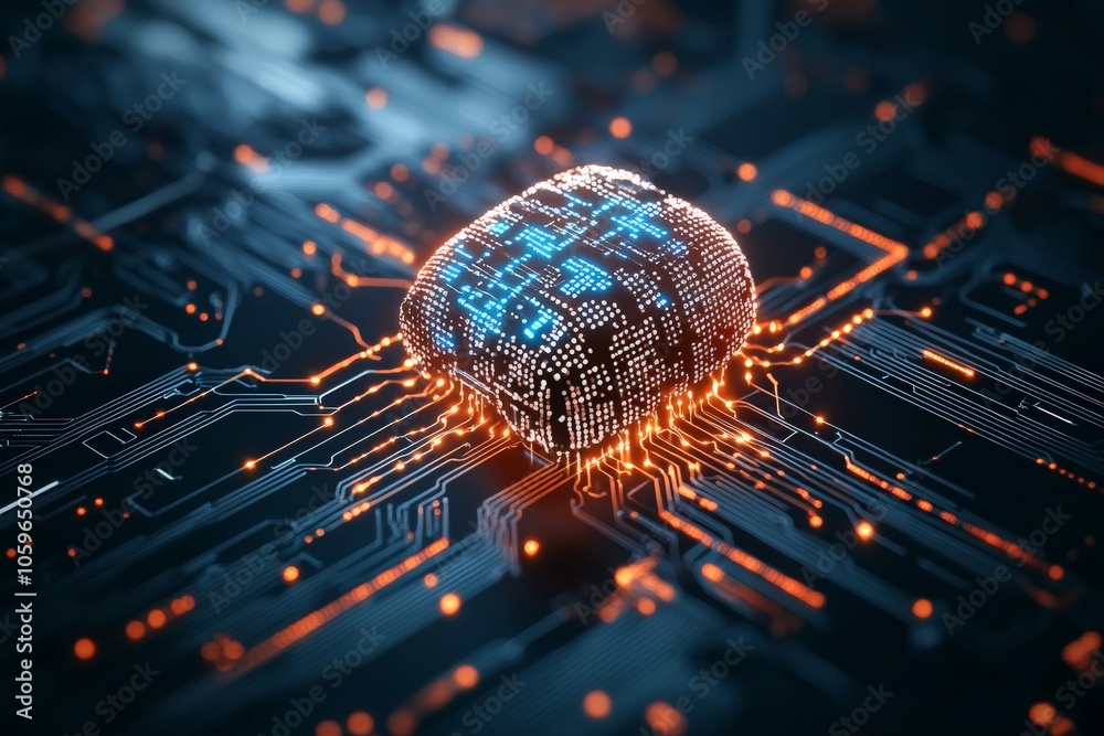 Poster a futuristic microchip is depicted glowing with complex connections on a circuit board, representing