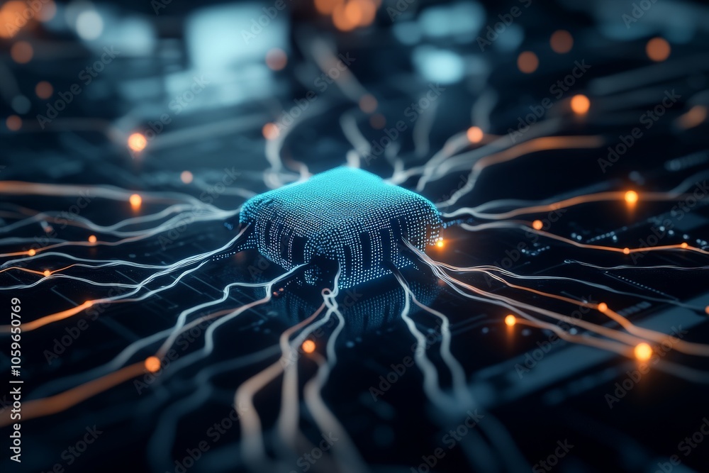 Poster a close-up rendering of a microchip with radiant connections spreading across an intricate circuit b