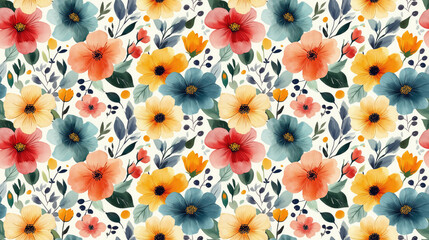 Fototapeta premium Colorful watercolor garden flowers in a seamless pattern design perfect for fabric and wallpaper printing