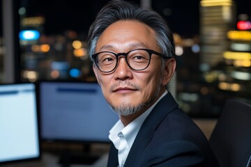 Fototapeta premium A senior executive with gray hair and glasses, wearing a suit, is seated in a modern office with multiple computer screens and a city view at night.