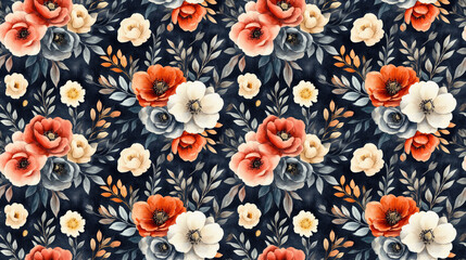 Fototapeta premium Seamless watercolor pattern of beautiful botanical floral bouquets with wild spring leaves perfect for textile design and home decor floral design pattern art