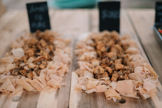 Variety of snacks served on a wooden platter display