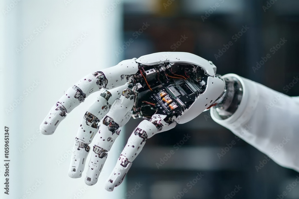 Poster a close-up view of a robotic hand with exposed internal circuitry, showcasing the intricate technolo