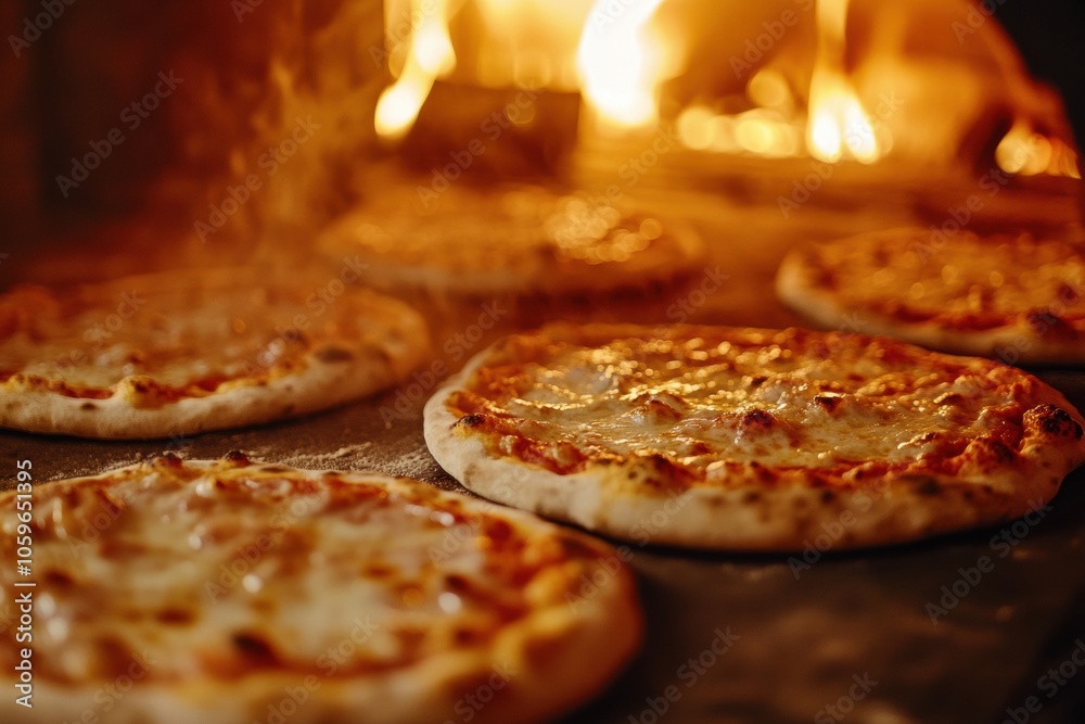 Poster several pizzas are baking in a hot oven, surrounded by flickering flames, creating an inviting ambia