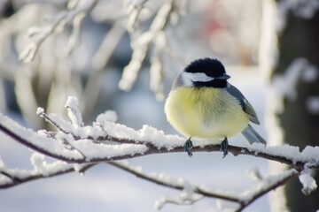 Obraz premium Winter bird perched on a frosty branch in snow