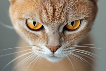 Obraz premium This close-up image features a cat with vibrant orange fur and intense amber eyes, highlighting its inquisitive gaze, symbolizing keen observation and alertness.